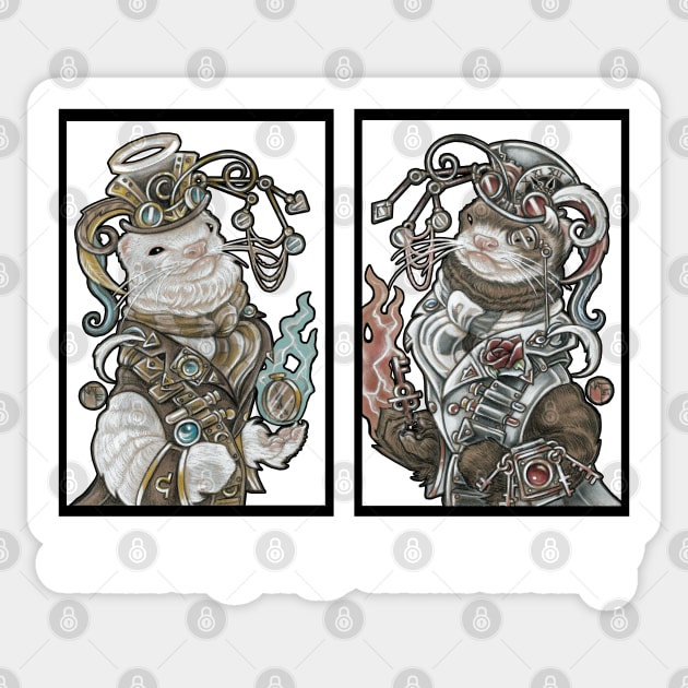 Steampunk Devil and Angel Ferrets - 'A little bit good, A little bit bad' - White Outline Sticker by Nat Ewert Art